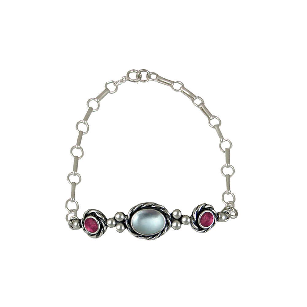 Sterling Silver Gemstone Adjustable Chain Bracelet With Blue Topaz And Pink Tourmaline